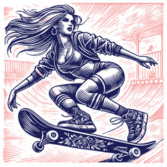 Female Skateboarder Vector Illustration Featuring a Woman in Motion on a Skateboard with Urban Background in Retro Style