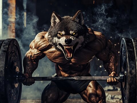 Powerful Wolf Bodybuilder Howling and Lifting Heavy Barbell in Intense Workout Session