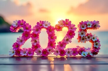 Close-up of the number 2025 of daisy and gerbera flowers on the pier on the background of the sea in the rays of the sun. Eve of the year and Christmas. Banner. Copy space