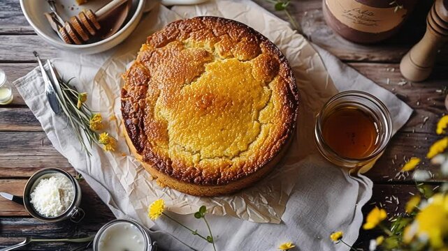 Rustic kitchen table with a golden cake sitting on baking paper, surrounded by wildflowers, honey and baking ingredients