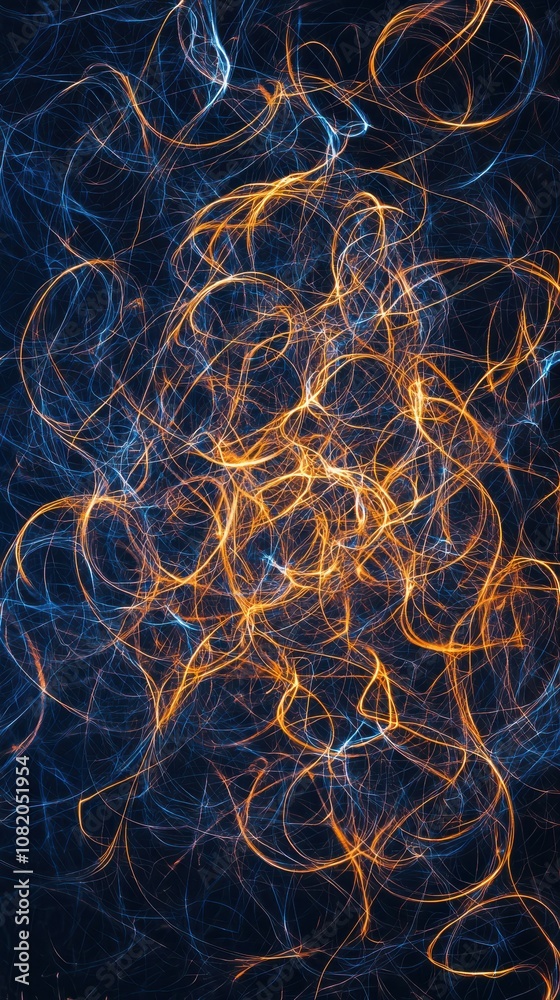 Poster dynamic light trails creating abstract patterns digital art vibrant colors dark background artistic 