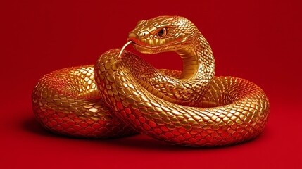 Obraz premium Golden Snake Sculpture on a Red Background Showcasing Intricate Scales and Realistic Features, Perfect for Artistic and Decorative Contexts