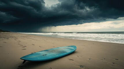 A single surfboard resting on a deserted beach with storm clouds gathering in the distance. Dramatic, moody sky