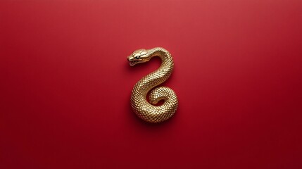 Fototapeta premium Golden Snake Sculpture on Deep Red Background, Symbolizing Wealth and Power in Artistry and Design, Captured in a Minimalistic Style for Impressive Visual Impact
