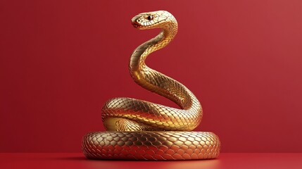 Obraz premium Golden Snake Sculpture on Red Background, Artistic Representation of Serpent Symbolizing Wisdom, Protection, and Transformation in Nature