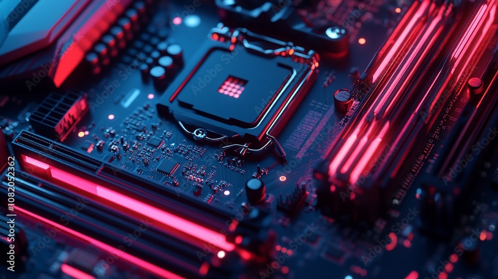 Poster Close-up of a computer motherboard with red LED lights illuminating the central processing unit (CPU) and RAM slots.