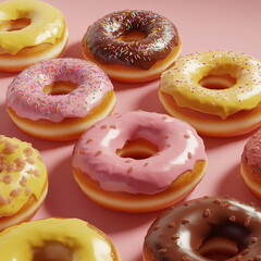 close-up of many 3D donuts with different designs, arranged in a row on a pastel background, delicious seamless wallpaper
