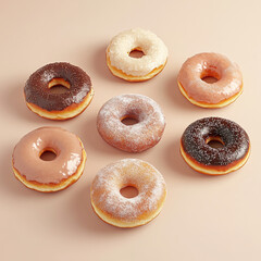many 3D donuts with different designs, located on a neutral background, delicious wallpaper
