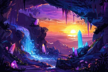 Obraz premium Crystal Cave with Waterfall and Sunset View