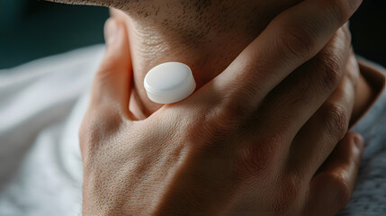 Fototapeta premium A person rubbing pain relief gel onto their stiff neck joint.