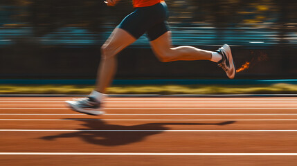 A person running on a track with a prosthetic running blade highlighting speed and power.