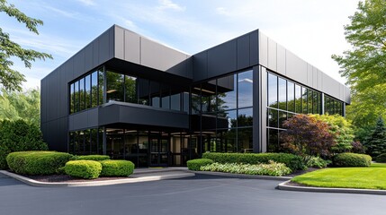 Modern office building with large windows and landscaped surroundings.