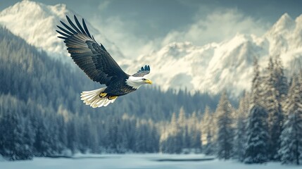 Bald eagle flying over a snowy landscape, with high mountain peaks framing the background. Majestic and pristine scene