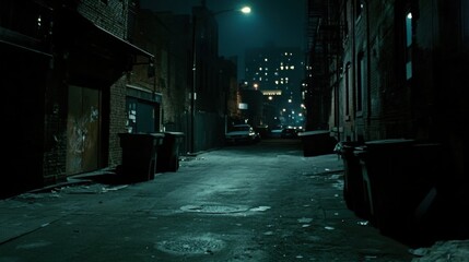 Obraz premium Dark, empty urban street at night with faint city lights through fog, streetlights off, occasional distant car alarm, eerie atmosphere highlighting sudden power loss in bustling city.