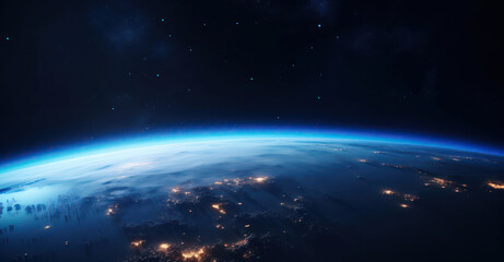 Obraz premium View of Earth from space, showcasing the vibrant atmosphere and illuminated cities against a backdrop of stars.