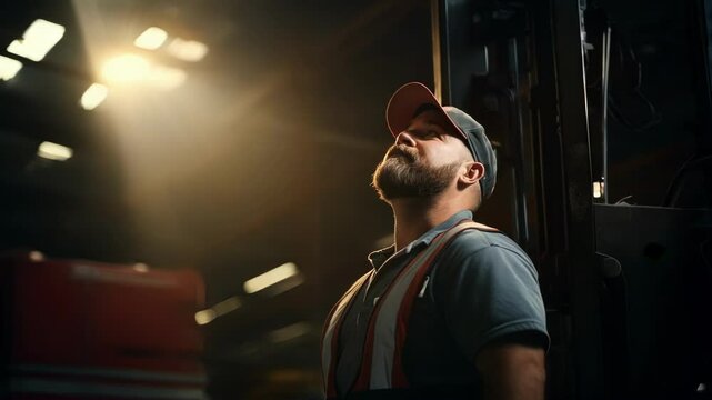 Warehouse worker with a beard is taking a break from his job leaning on a forklift and looking up with a light shining on him