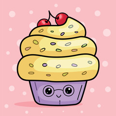 Funny cake with glasses in kawaii style, cute isolated sweet food vector illustration. Bakery mascot logo