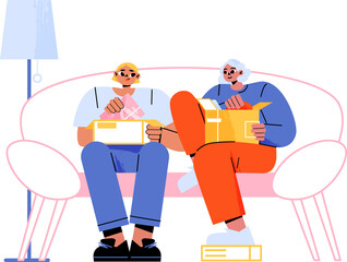 People with Boxes on Couch