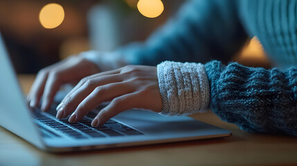 A person using a wrist splint to reduce joint pain while typing on a laptop.