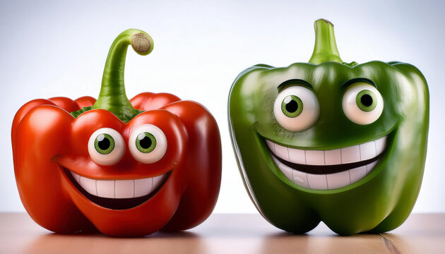 A green and a red bell pepper with cartoon faces drawn on them, showing cheerful expressions side by side on white background