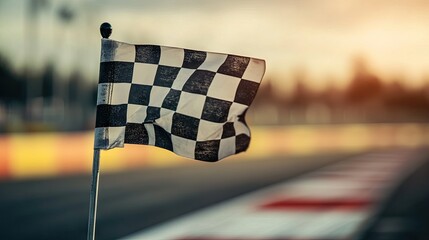 Checkered flag in focus with blurred racetrack in the background, representing the thrill of racing.