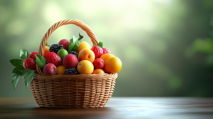 wicker basket filled with vibrant and juicy organic fruits, including apples, berries, and citrus, creates fresh and inviting scene