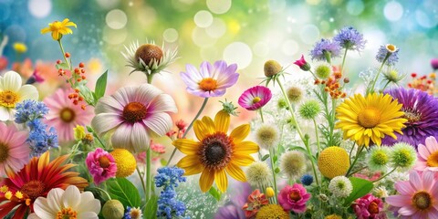 Stunning macro photography captures vibrant wildflowers in a colorful abstract design, set against a crisp white background, showcasing nature's beauty in intricate detail.