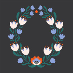 Folk floral round frame. Traditional slavic scandinavian ornament with rustic embroidery motifs. Clean flat minimal geometric shapes in unique reflected elegant print.