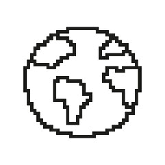 Pixelated Globe Icon. Earth and World Symbol in Retro Pixel Art Style. Global Connectivity and Geography. Isolated Vector Illustration