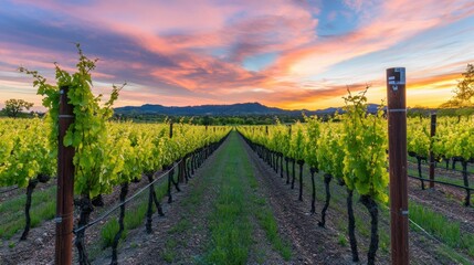 Fototapeta premium Rows of grapevines in a vineyard at sunset with a mountain range in the background.