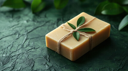 Organic soap with eco friendly packaging, adorned with leaves, evokes natural and sustainable lifestyle. Perfect for promoting green products