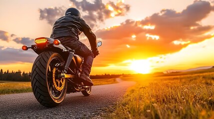 Fototapeta premium Biker riding on an empty winding road under the dusky clouds, dynamic motion, wind-swept look, Motorbike ride, Freedom and escape