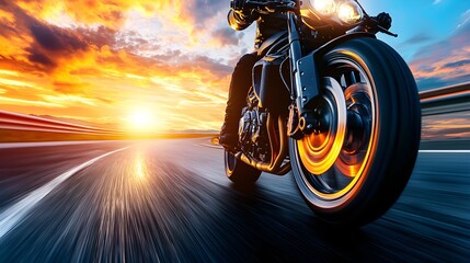 Naklejka premium Biker riding on an empty winding road under the dusky clouds, dynamic motion, wind-swept look, Motorbike ride, Freedom and escape