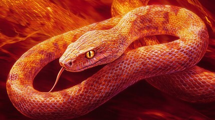 Fototapeta premium Stunning Close-Up of a Vibrant Orange Snake with Realistic Scales and Intense Yellow Eyes on a Fiery Background, Capturing Nature's Intricacies in Beautiful Detail