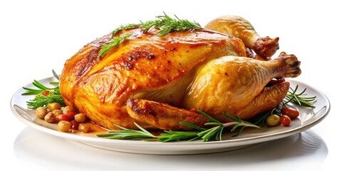 Fototapeta premium Succulent roasted chicken artfully presented on a pristine white plate, showcasing golden crisp skin and savory herbs, perfect for captivating food photography enthusiasts.