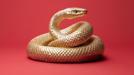 Fototapeta premium Stunning Golden Snake Coiled Elegantly on Rich Red Background, Captivating Wildlife Subject for Artistic and Nature Photography Enthusiasts, Ideal for Various Projects