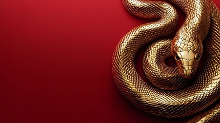 Obraz premium Stunning Golden Snake on a Rich Red Background Evoking Luxury and Elegance, Symbolizing Power, Strength, and Mystique in Nature's Beauty