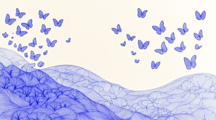 Fototapeta premium Ethereal butterfly flight over detailed hand drawn floral landscape with blue ink