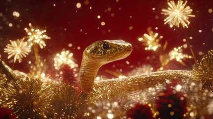 Fototapeta premium Stunning Golden Snake Surrounded by Sparkling Fireworks and Glittering Decorations, Perfect for Festive and Celebration Themes, Captivating Visuals for Creative Projects