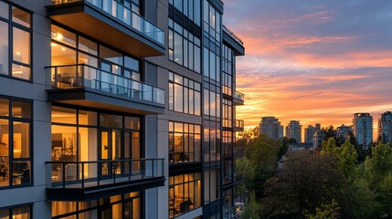 Modern apartment building with large windows reflecting a stunning sunset.