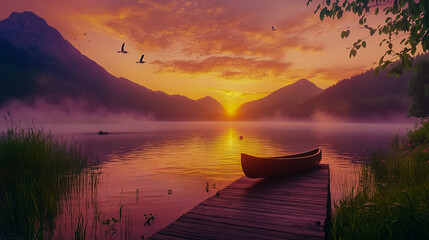 A serene lake with a red canoe sitting on a dock