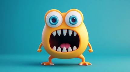 A 3D cartoon monster with large eyes and teeth, open mouth screaming.
