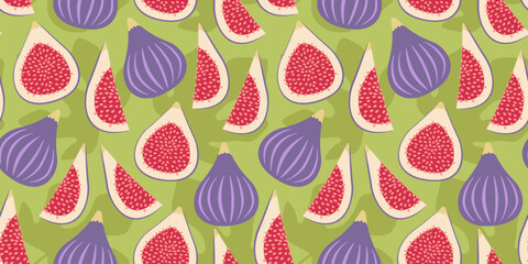 Fruit seamless pattern with figs and leaves in flat design. Simple vector illustration.