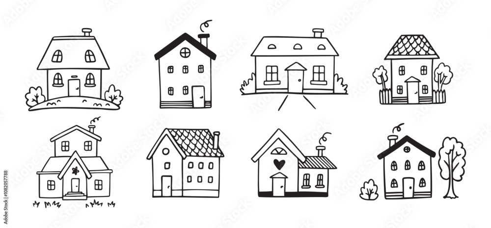 Wall mural Hand drawn doodle house vector set. Cute outline houses black and white line illustration