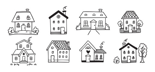 Hand drawn doodle house vector set. Cute outline houses black and white line illustration