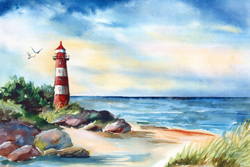 lighthouse on the coast baltic sea watercolor