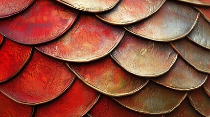 Vibrant Red and Gold Scales in a Layered Pattern Create a Stunning Visual Textures for Artistic and Decorative Projects