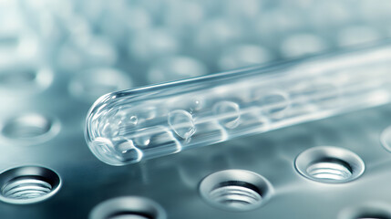 Close-up of an empty glass ampoule lying on a sterile tray.