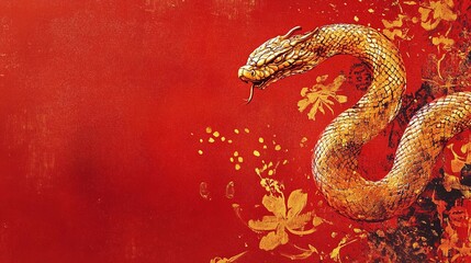 Obraz premium Vibrant Red and Gold Snake Illustration Featuring Intricate Detail and Floral Elements Perfect for Celebrations and Artistic Projects