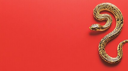 Obraz premium Vibrant Yellow and Black Snake Coiled Gracefully Against Bold Red Background Showcasing Natural Beauty and Exotic Charm in Contemporary Design